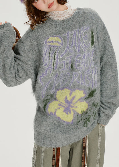 Loose Grey O Neck Thick Jacquard Knit Sweater Tops Spring