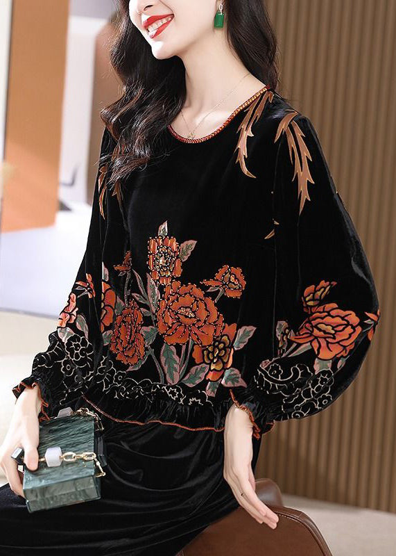 Black O Neck Ruffled Print Silk Velour Tops Long Sleeve