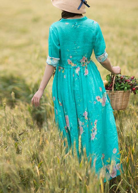Green Print Robes Patchwork Drawstring Robe Spring Dress