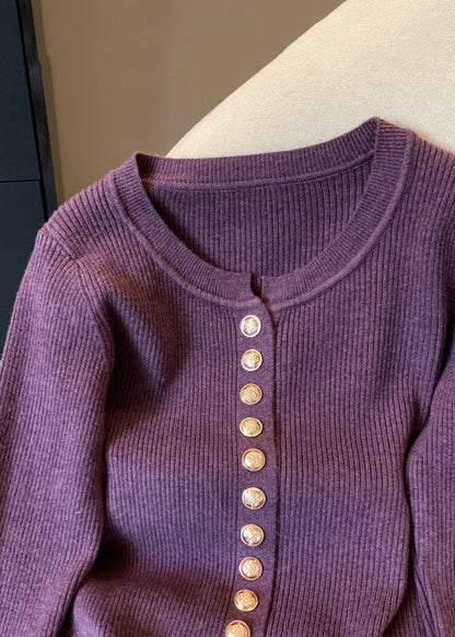Purple Button Fluffy Patchwork Knit Sweater O Neck Spring