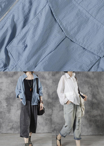 Diy Blue Stand Collar Zippered Fall Long Sleeve Top