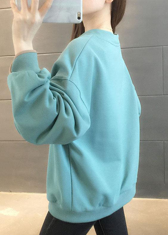 Simple Light Green Button Print Side Open Fall Pullover Street Wear
