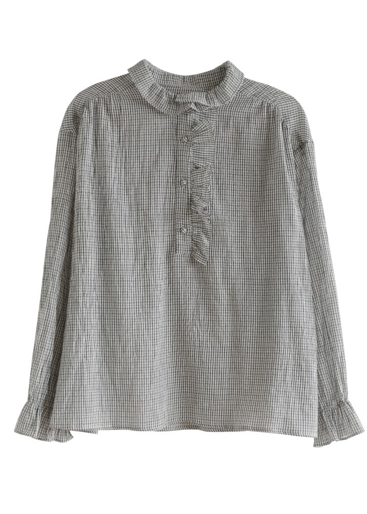 Black White Peter Pan Collar Ruffled Plaid Cotton Shirt Top Long Sleeve