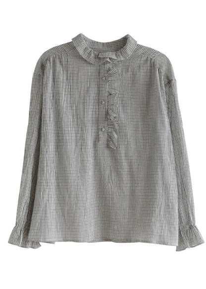 Black White Peter Pan Collar Ruffled Plaid Cotton Shirt Top Long Sleeve