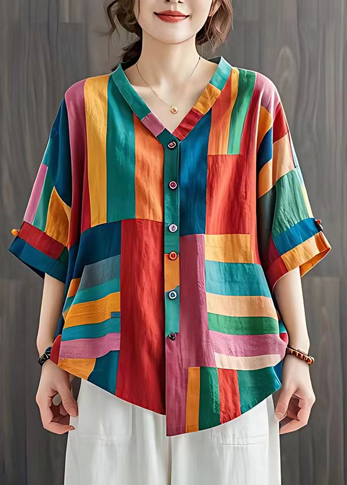 Colorblock V Neck Striped Linen Blouse Top Summer