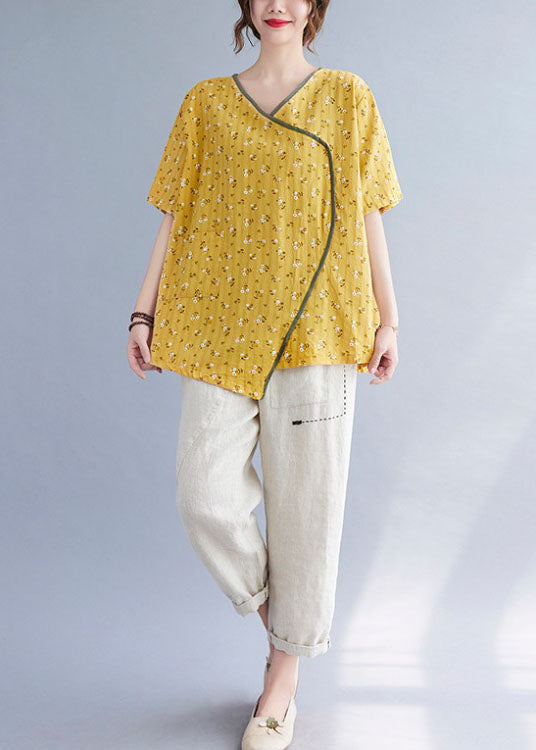 Fitted Yellow Pockets Print Asymmetrical Design Fall Shirt Tops Half Sleeve