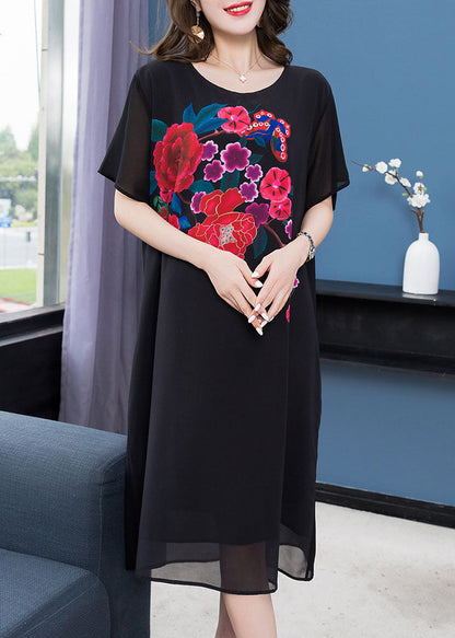 Black O Neck Patchwork Chiffon Mid Dress Summer