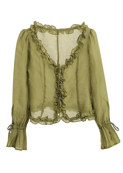 French Green Ruffled V Neck Chiffon Tops Spring