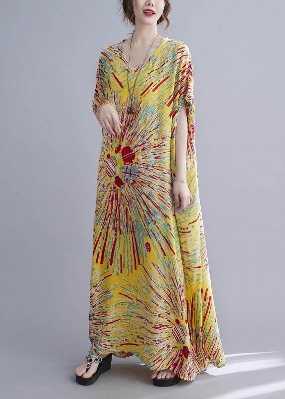 Yellow Print Cotton V Neck Oversize Summer Dress