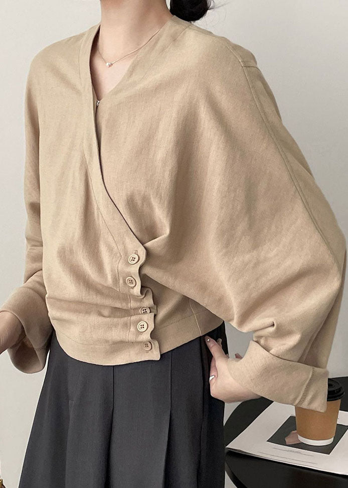 Apricot V Neck Asymmetrical Cozy Top Long Sleeve Spring
