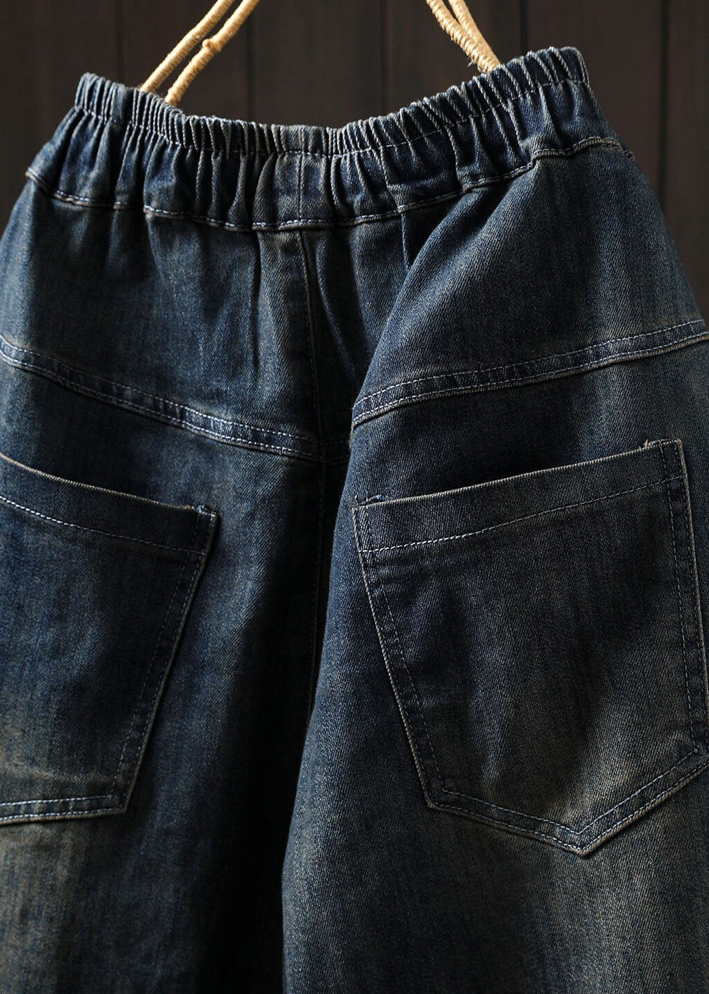 Blue Pockets Elastic Waist Patchwork Denim Harem Pants Spring