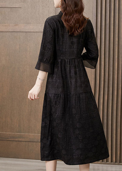 Black Stand Collar Patchwork Ruffled Silk Dress Summer