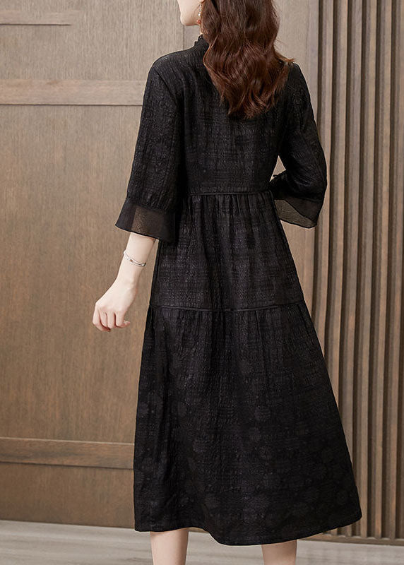 Black Stand Collar Patchwork Ruffled Silk Dress Summer