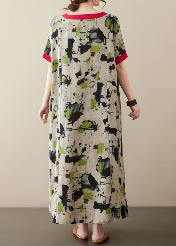 Green V Neck Print Patchwork Linen Long Dresses Summer
