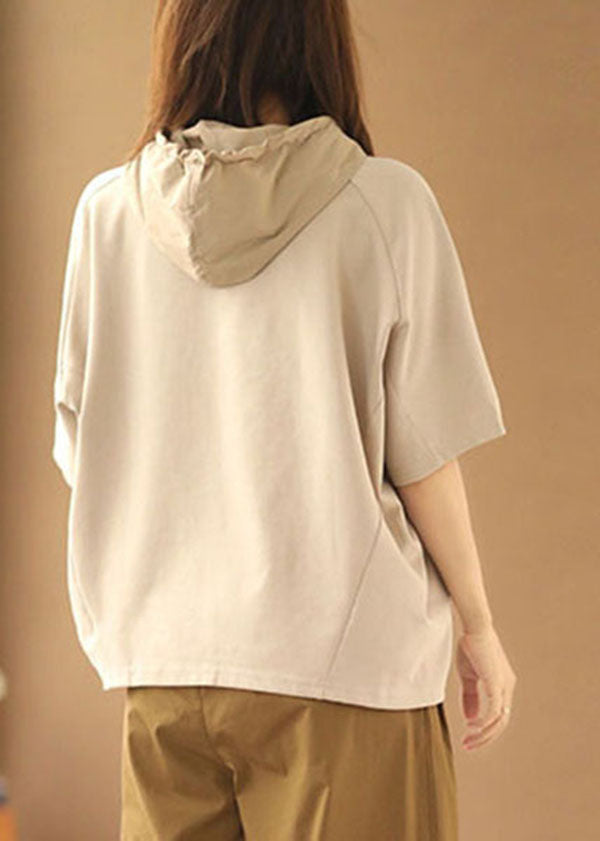 Apricot Hooded Drawstring Cotton Sweatshirts Top Summer