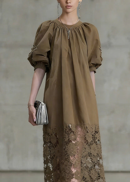 Light Coffee Puff Sleeve Lace Patchwork Cotton Long Dress Summer