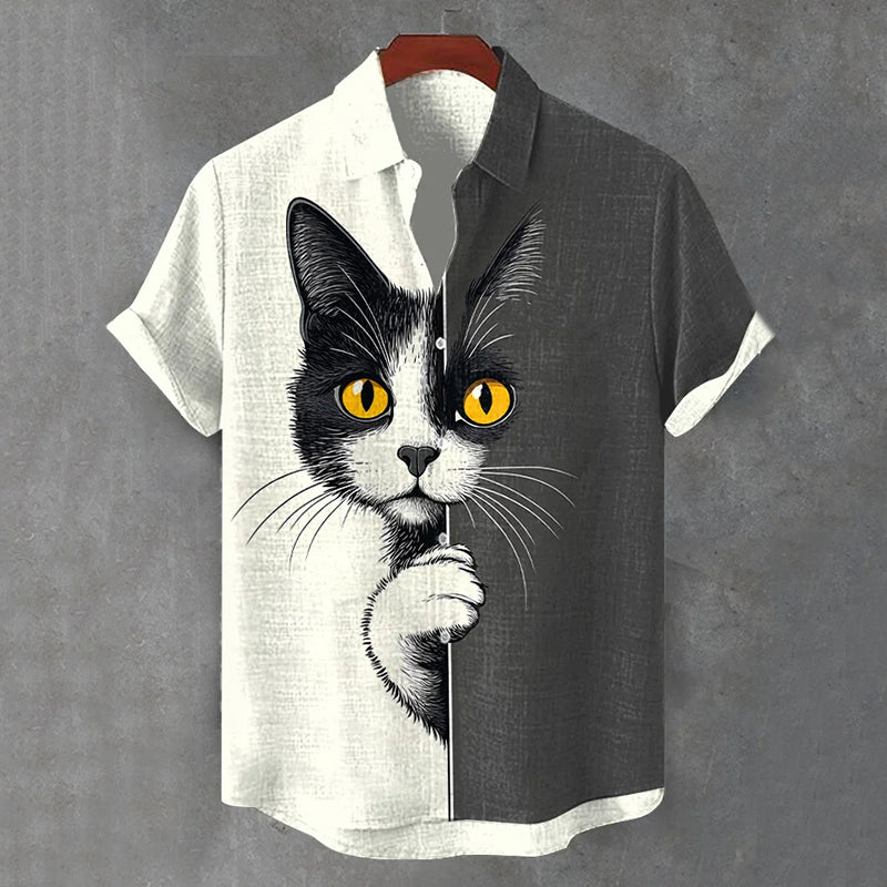 Men's  The Peeping Cat Colorblock Art Casual Short Sleeve Shirts elevenforest