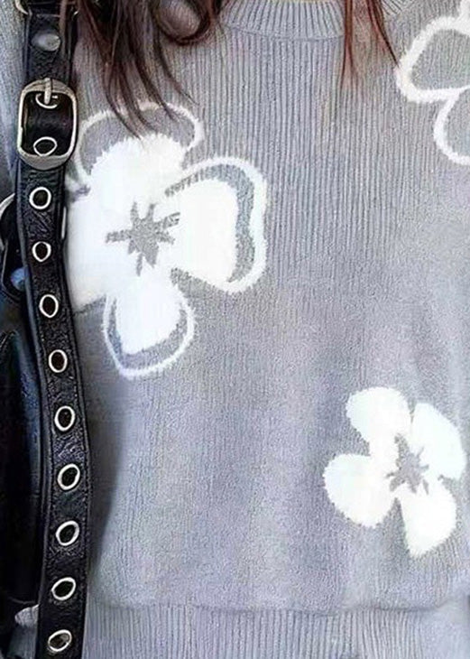 Loose Grey O Neck Knit Sweaters Lantern Sleeve