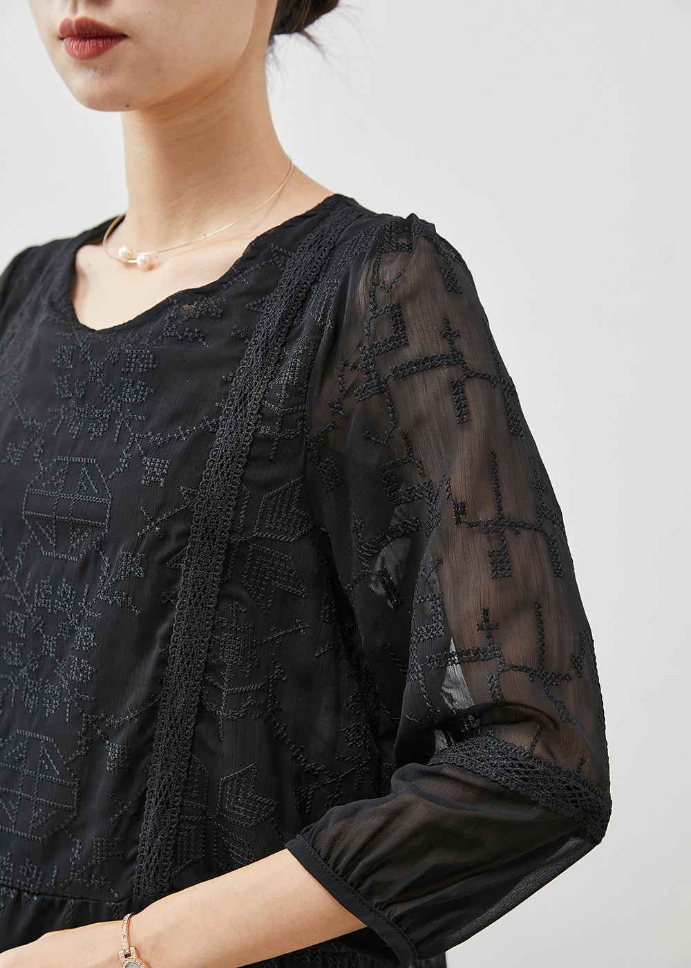 Black Embroidered Tulle Blouse Top Bracelet Sleeve