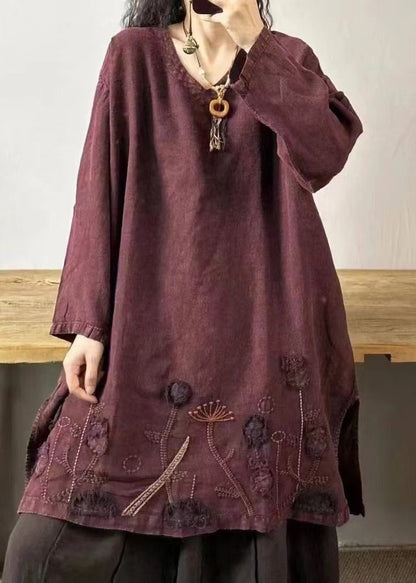 Black Flower V Neck Embroidered Patchwork Linen Mid Dresses Fall
