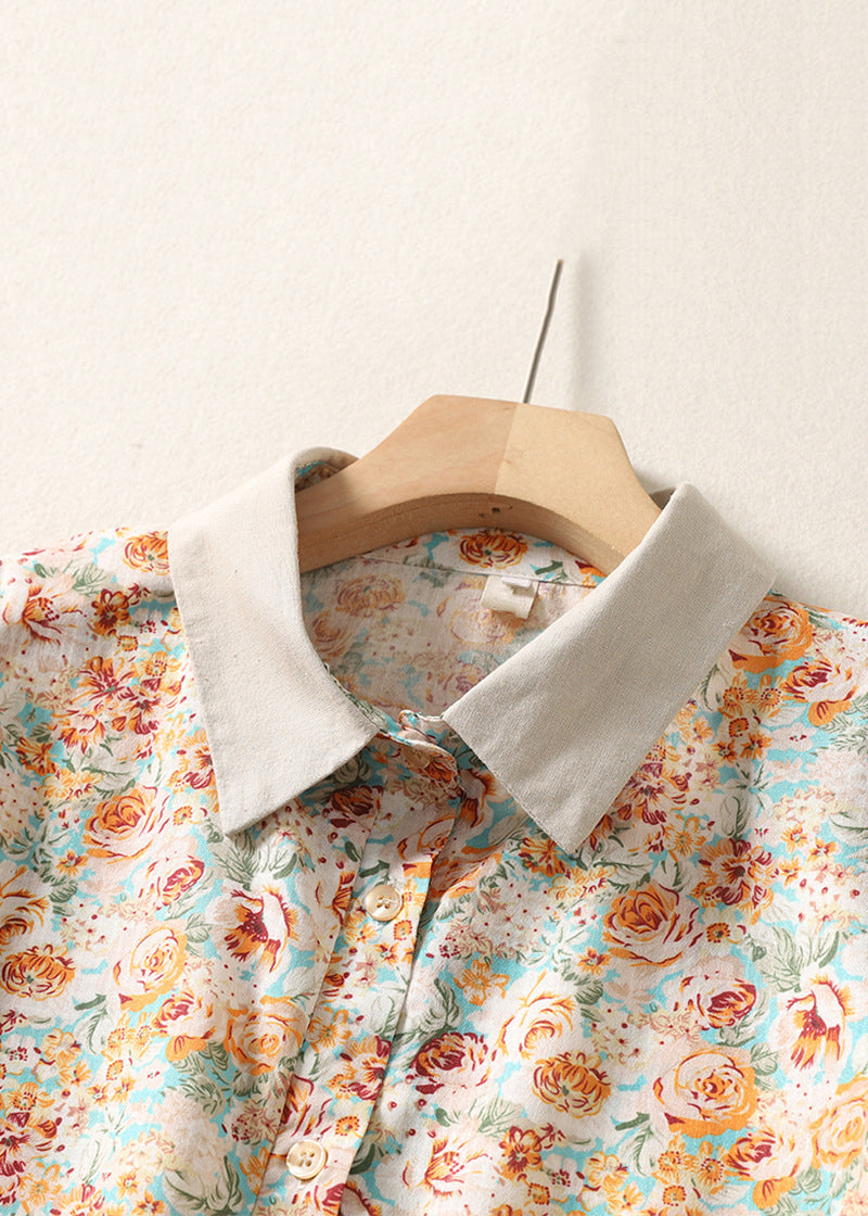 Orange Peter Pan Collar Print Cotton Shirt Summer