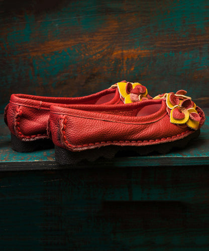Mulberr Cowhide Splicing Flower Flat Shoes for
