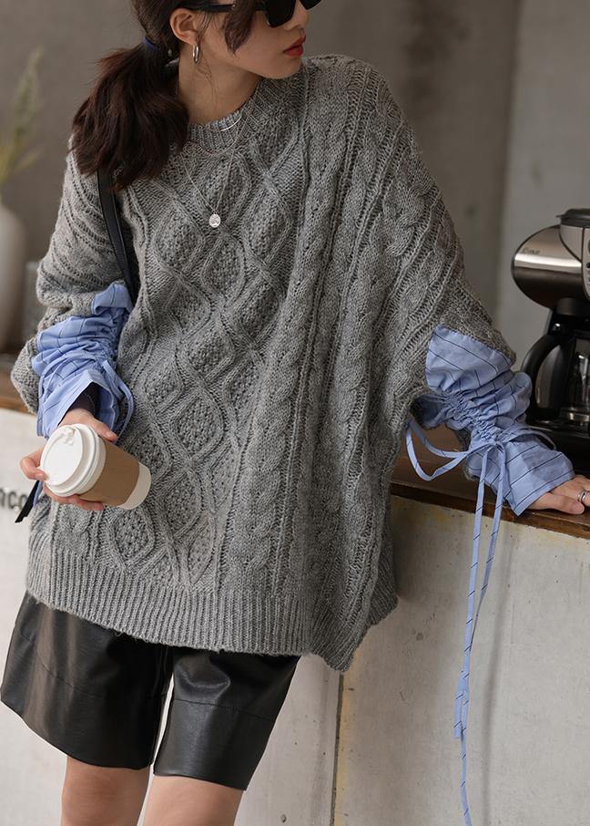 Gray Knitted Blouse O Neck Patchwork Clothes for