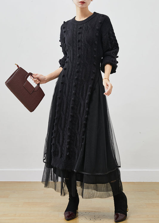 Black Side Open Knit Sweater Dress and Tulle Skirt Two Pieces Set Winter