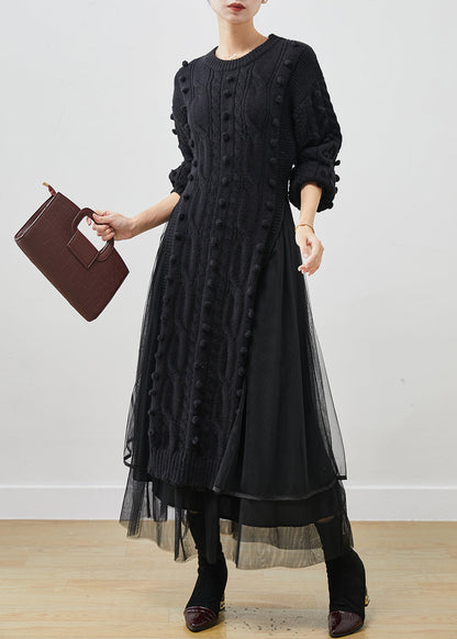 Black Side Open Knit Sweater Dress and Tulle Skirt Two Pieces Set Winter