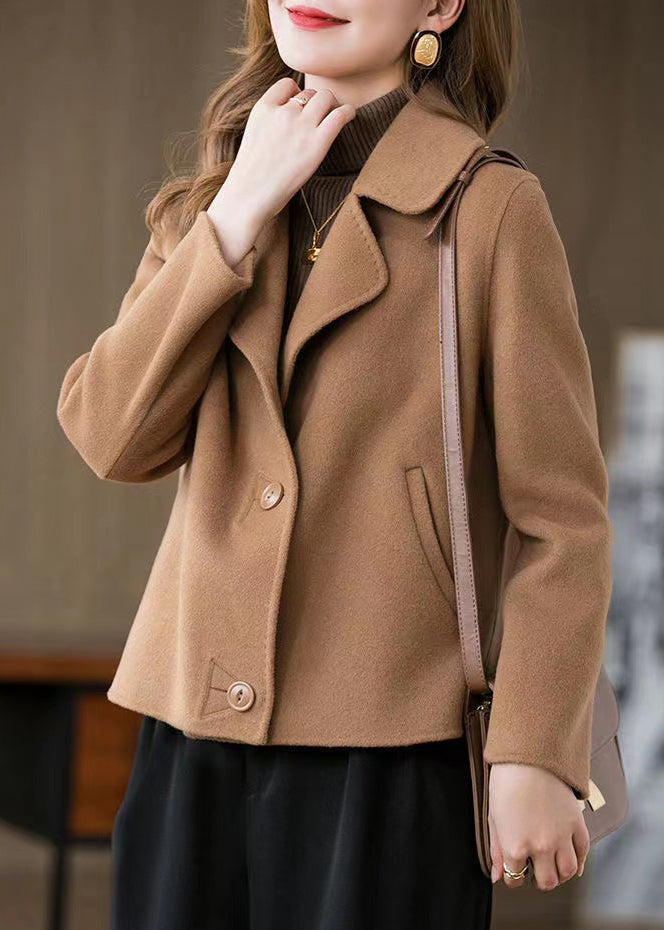 Camel Peter Pan Collar Woolen Coat Long Sleeve Winter