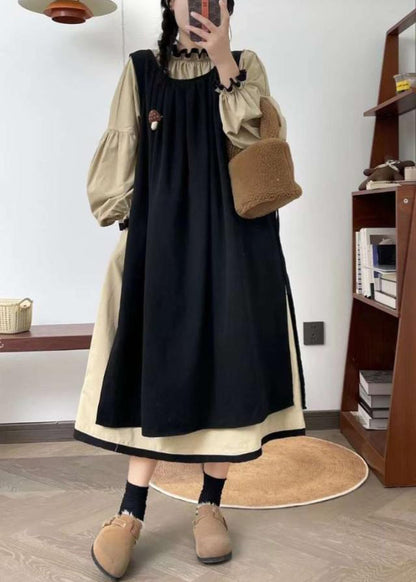 Black Ruffled Waistcoat Dress and Dress Cotton Two Pieces Set Spring