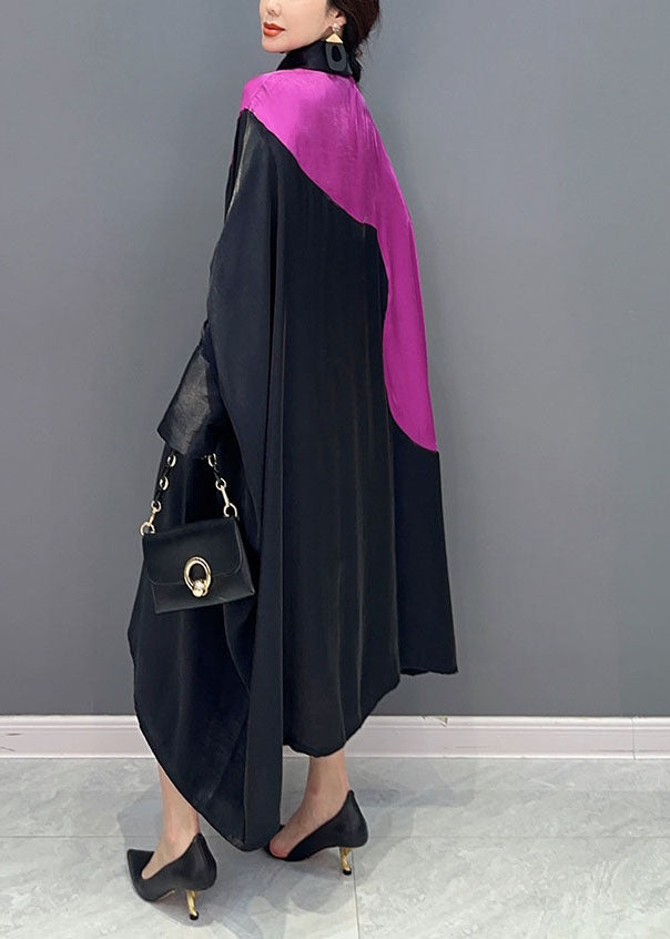 Colorblock Peter Pan Collar Patchwork Oversized Silk Dress Batwing Sleeve