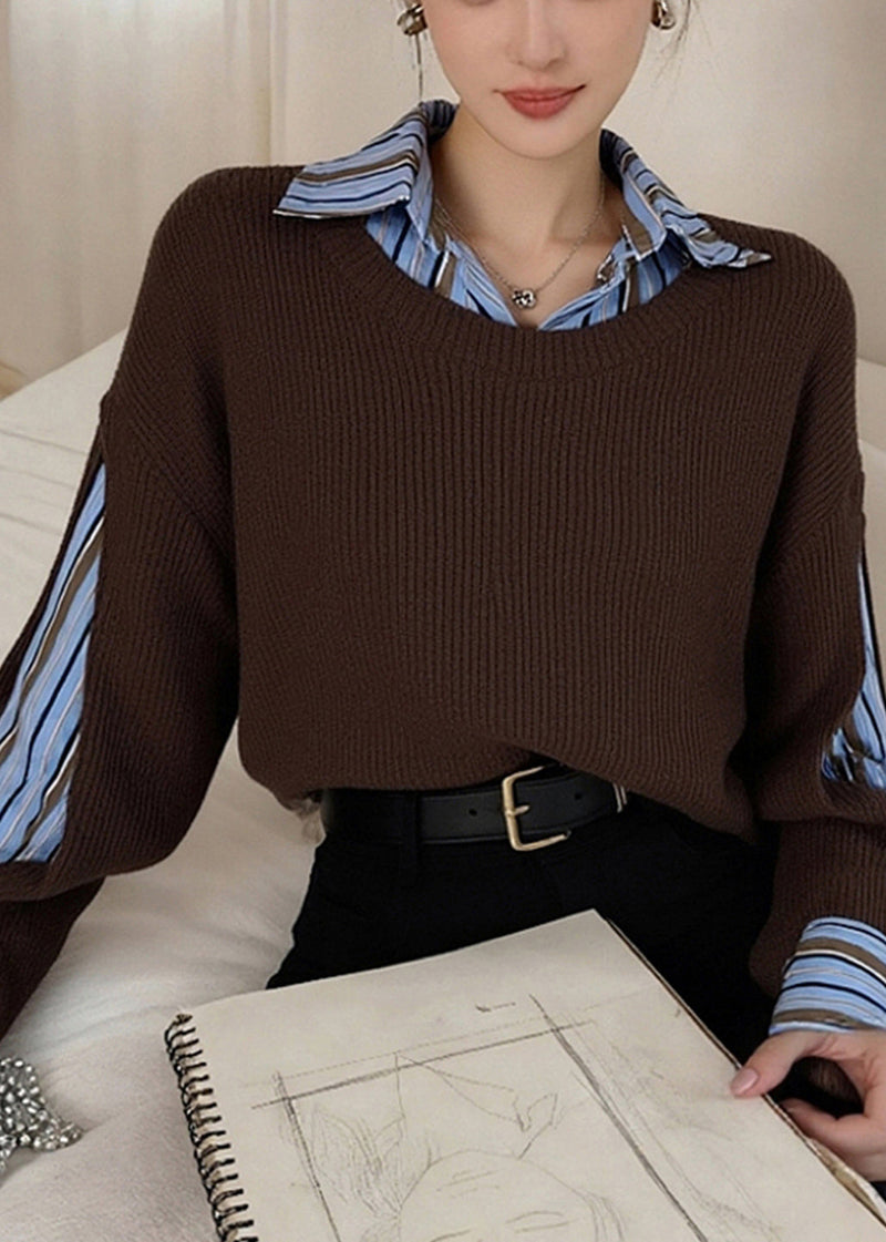 Style Brown Peter Pan Collar Patchwork Knit Fake Two Piece Shirts Spring