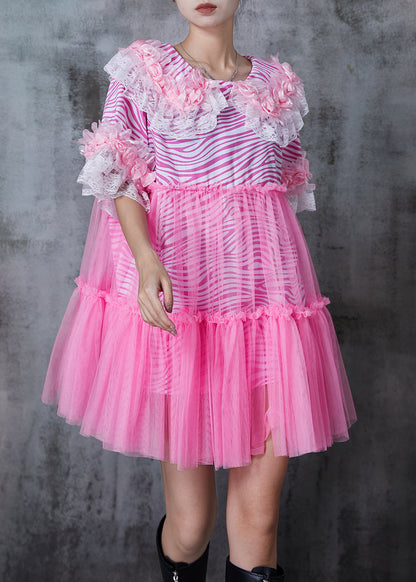 Pink Striped Patchwork Tulle Mini Dress Summer
