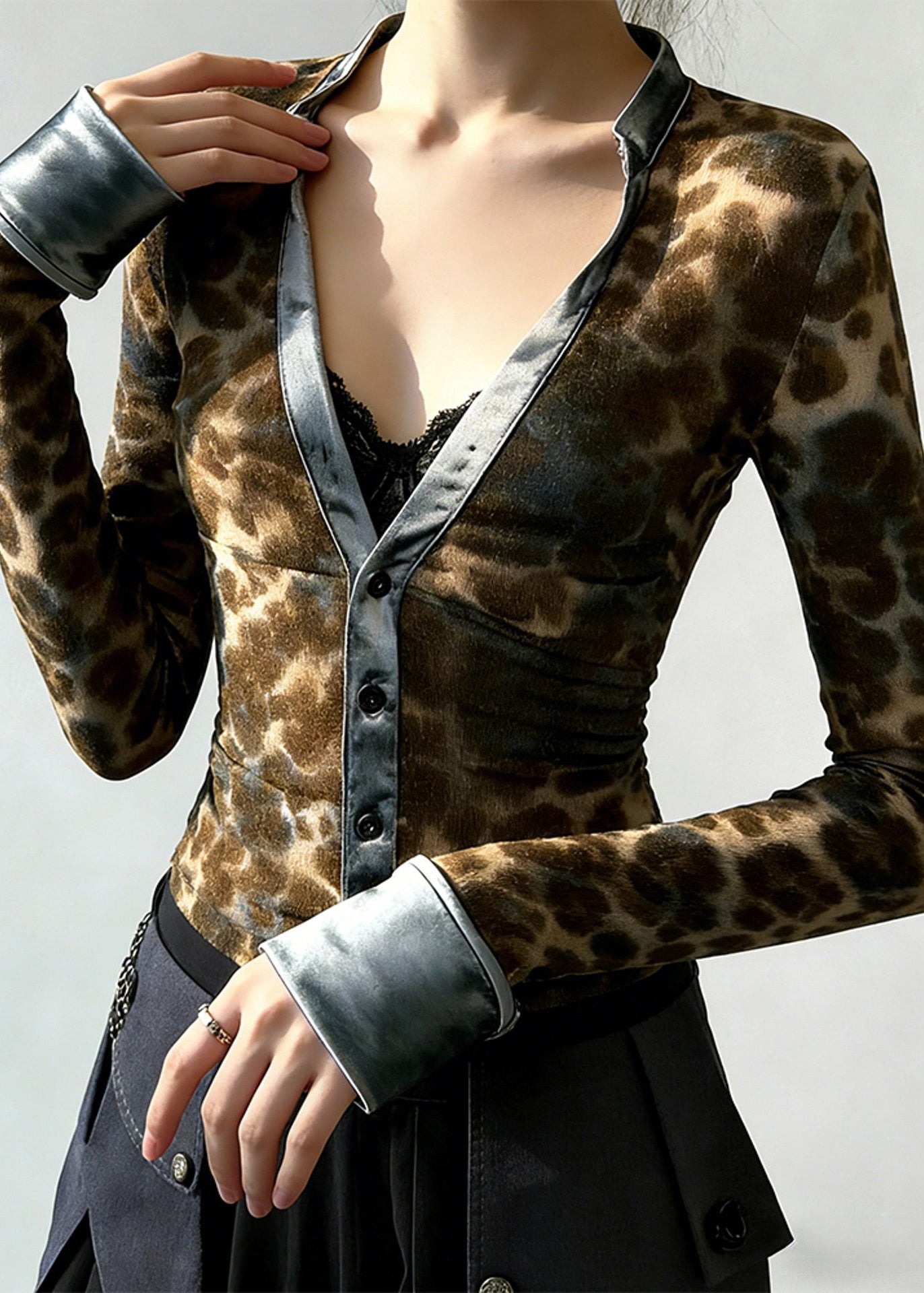 Leopard Print V Neck Patchwork Cotton Blouses Spring