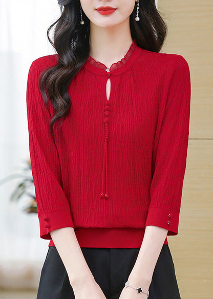 Simple Green O-neck Button Knit T Shirt Bracelet Sleeve Fall