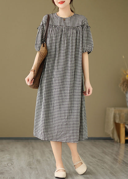 Black O Neck Plaid Ruffled Patchwork Cotton Dress Summer
