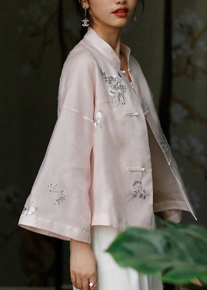 Pink Stand Collar Embroideried Button Top Long Sleeve
