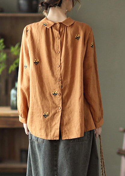 Orange Peter Pan Collar Embroideried Linen Shirt Long Sleeve