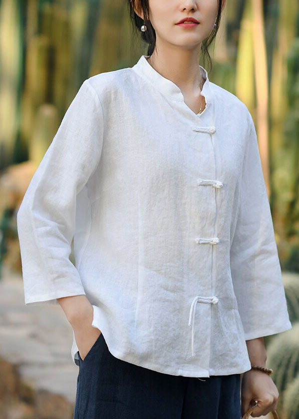 White Button Linen Coats Stand Collar Spring