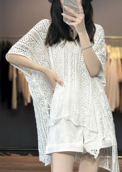 White V Neck Hollow Out Knit T Shirts Summer