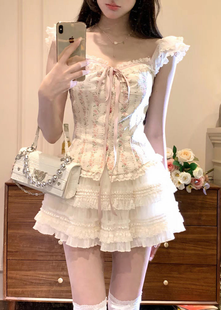 Apricot Ruffled Lace Up Tulle Patchwork 2 Piece Summer
