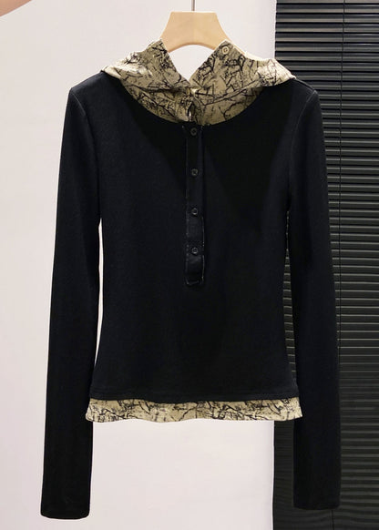 Brown Hooded Patchwork Cotton Fake Two Piece Tops Fall