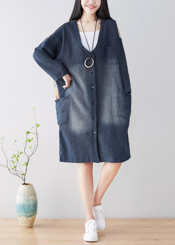 Diy Blue V Neck Patchwork Trench Coats Spring