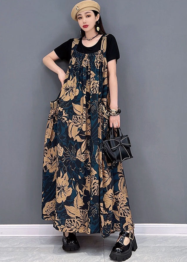 Chocolate Big Pockets Side Open Print Cotton Long Dresses Summer
