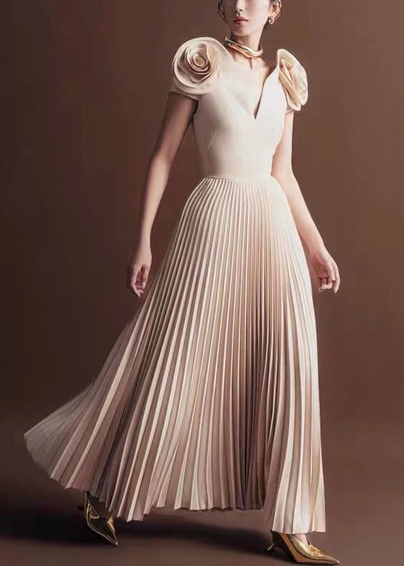 Apricot V Neck Wrinkled Cotton Long Dress Summer