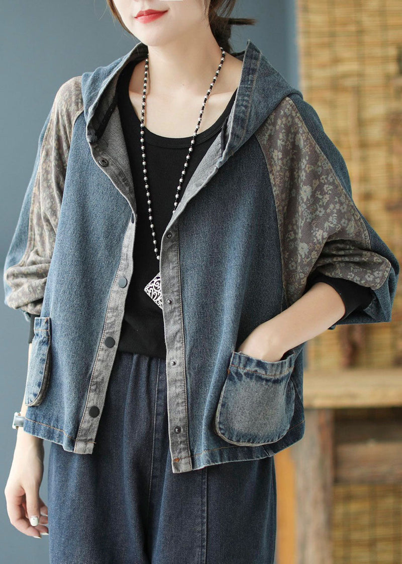 Black Print Patchwork Loose Fall Denim Hoodie Coat