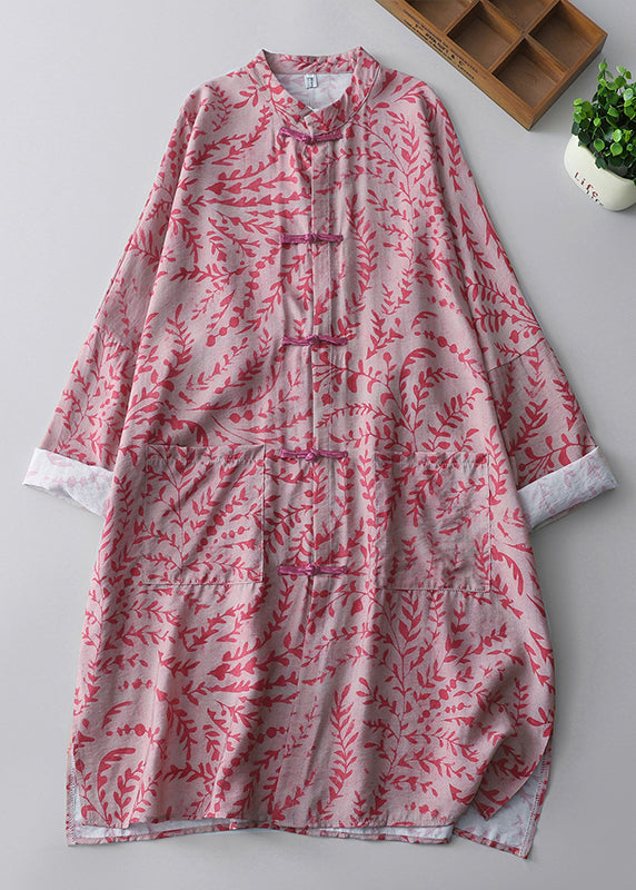 Pink Oversized Print Linen Oriental Dresss Spring