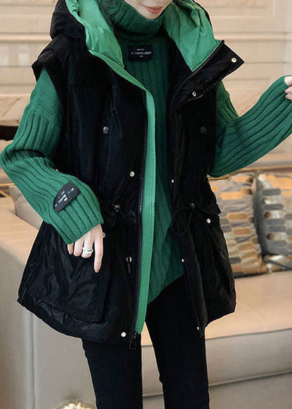 Loose Black Waistcoat and Green Sweaters Cotton Filled Two Pieces Set Sleeveless
