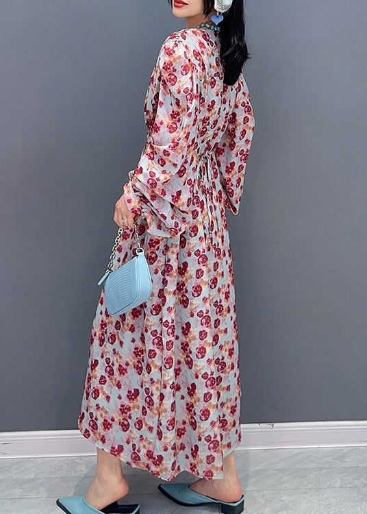 V Neck Print Tie Waist Long Dress Spring